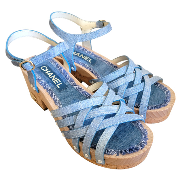 Chanel Denim Clogs CC Logo Sandals Blue Strappy Pearls Heel Shoes Day 7.5 38 - Picture 12 of 12